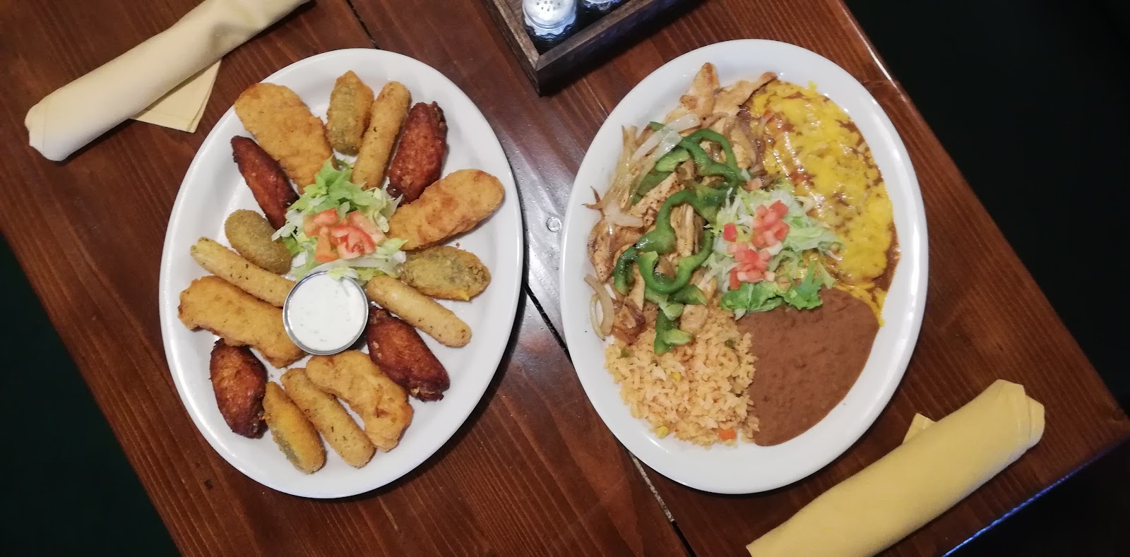 Fried appetizer sampler and fajita plate